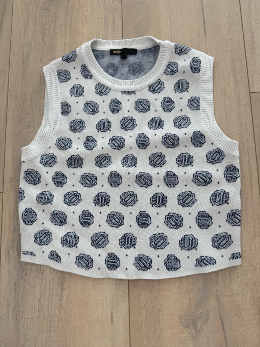 Maje Monogram Print Cropped Pullover Sweater